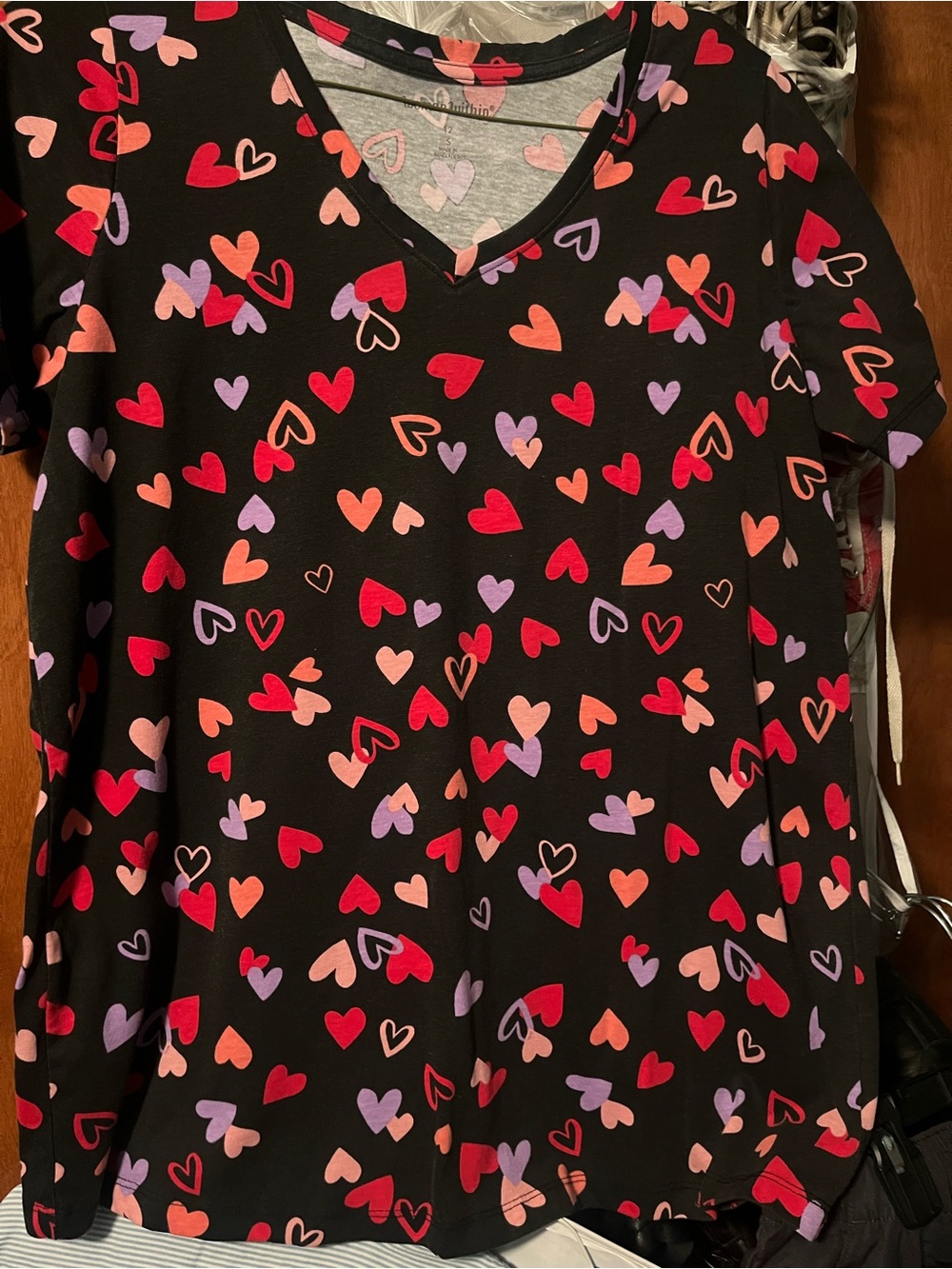 Woman Within V-Neck Short Sleeve Top with Red, Pink Purple Hearts size 12 large